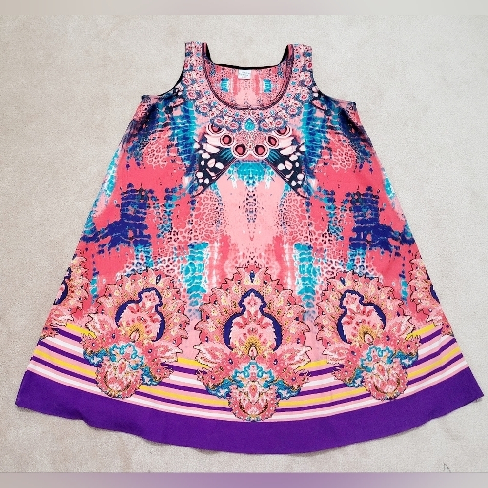 Island Expression Sleeveless Colorful Dress Tropical Beachy Bling Womans Size XL - Picture 2 of 11